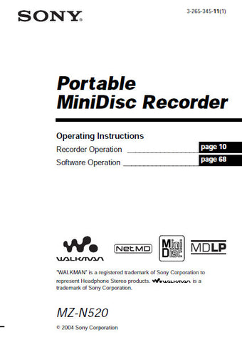 SONY MZ-N520 PORTABLE MINIDISC RECORDER OPERATING INSTRUCTIONS 96 PAGES ENG