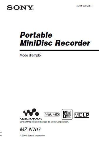 SONY MZ-N707 PORTABLE MINIDSIC RECORDER MODE D'EMPLOI 84 PAGES FRANC