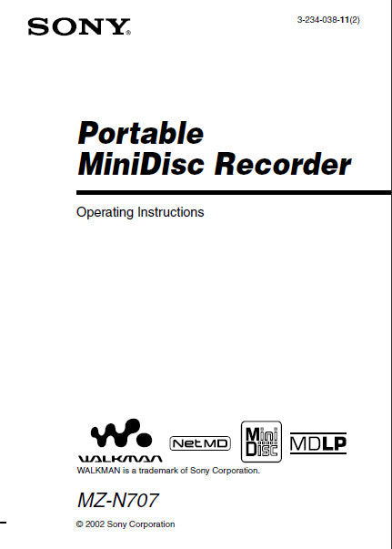 SONY MZ-N707 PORTABLE MINIDISC RECORDER OPERATING INSTRUCTIONS 80 PAGES ENG