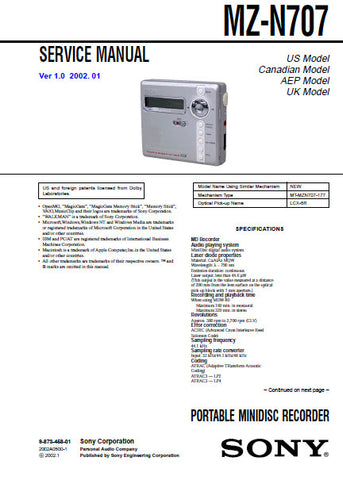 SONY MZ N707 PORTABLE MINIDISC RECORDER SERVICE MANUAL V1 0 INC BLK DI sony-mz-n707-portable-minidisc-recorder-service-manual-v1-0-inc-blk-di