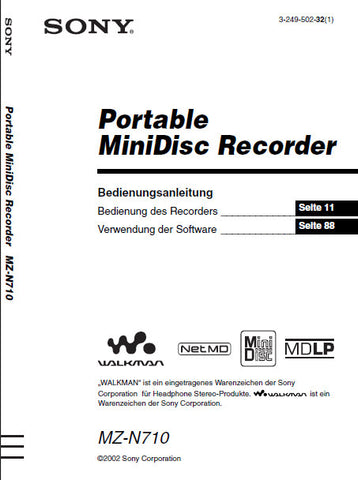 SONY MZ-N710 PORTABLE MINIDISC RECORDER BEDIENUNGSANLEITUNG 124 SEITE DEUT
