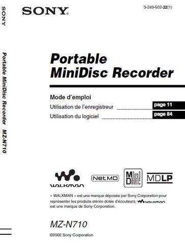 SONY MZ-N710 PORTABLE MINIDSIC RECORDER MODE D'EMPLOI 120 PAGES FRANC