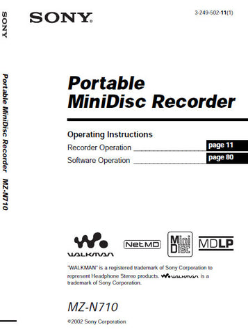 SONY MZ-N710 PORTABLE MINIDISC RECORDER OPERATING INSTRUCTIONS 116 PAGES ENG