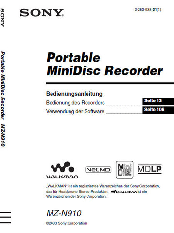 SONY MZ-N910 PORTABLE MINIDISC RECORDER BEDIENUNGSANLEITUNG 144 SEITE DEUT