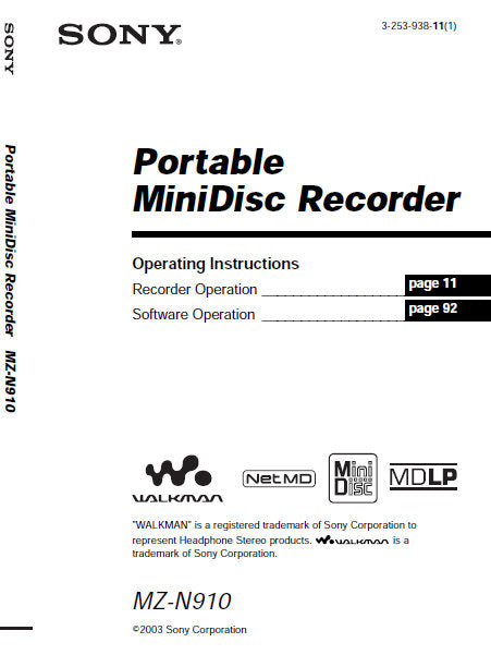 SONY MZ-N910 PORTABLE MINIDISC RECORDER OPERATING INSTRUCTIONS 128 PAG ...