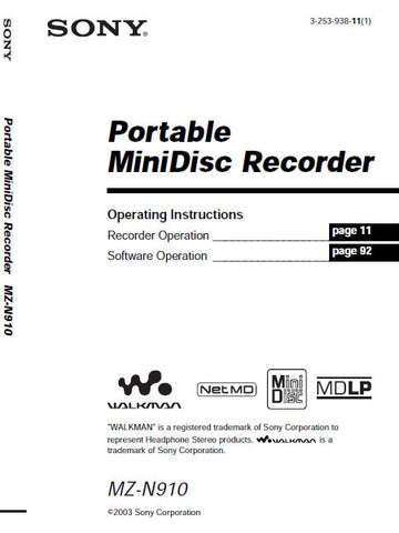 SONY MZ-N910 PORTABLE MINIDISC RECORDER OPERATING INSTRUCTIONS 128 PAGES ENG