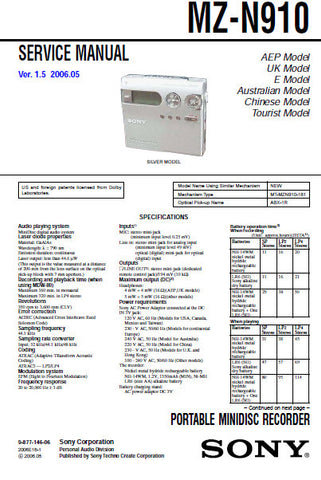 SONY MZ-N910 PORTABLE MINIDISC RECORDER SERVICE MANUAL V1.5 INC BLK DIAG PCBS SCHEM DIAGS AND PARTS LIST 65 PAGES ENG