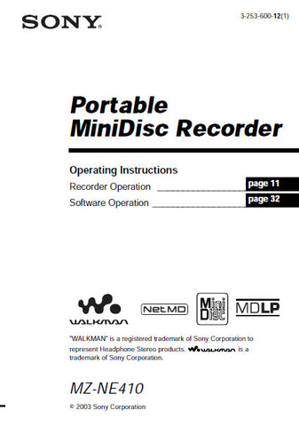 SONY MZ-NE410 PORTABLE MINIDISC RECORDER OPERATING INSTRUCTIONS 68 PAGES ENG