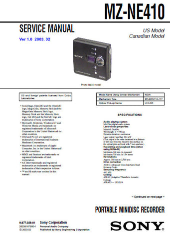 SONY MZ-NE410 PORTABLE MINIDISC RECORDER SERVICE MANUAL INC BLK DIAG PCBS SCHEM DIAGS AND PARTS LIST VER 1.0 64 PAGES ENG