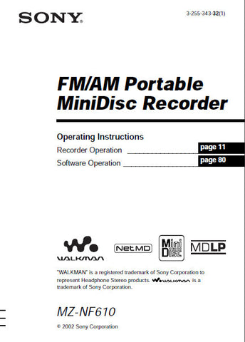SONY MZ-NF610 PORTABLE MINIDISC RECORDER OPERATING INSTRUCTIONS 116 PAGES ENG