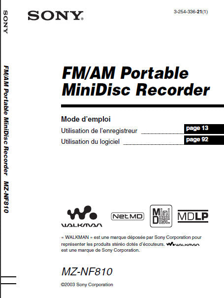 SONY MZ-NF810 FM AM PORTABLE MINIDSIC RECORDER MODE D'EMPLOI 128 PAGES FRANC