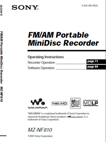 SONY MZ-NF810 FM AM PORTABLE MINIDISC RECORDER OPERATING INSTRUCTIONS 120 PAGES ENG
