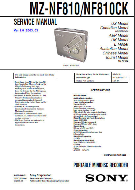 SONY MZ-NF810 MZ-NF810CK PORTABLE MINIDISC RECORDER SERVICE MANUAL INC BLK DIAG PCBS SCHEM DIAGS AND PARTS LIST VER 1.0 68 PAGES ENG