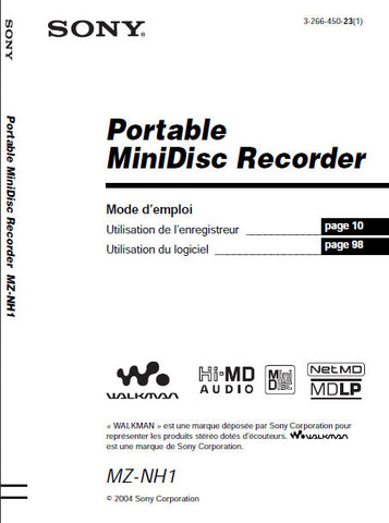 SONY MZ-NH1 PORTABLE MINIDSIC RECORDER MODE D'EMPLOI 124 PAGES FRANC