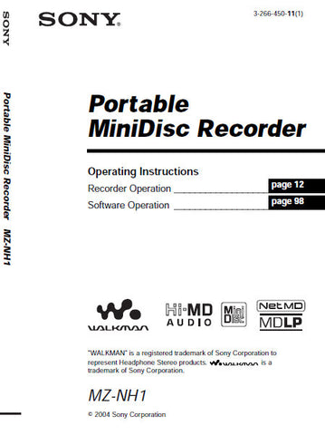 SONY MZ-NH1 PORTABLE MINIDISC RECORDER OPERATING INSTRUCTIONS 128 PAGES ENG