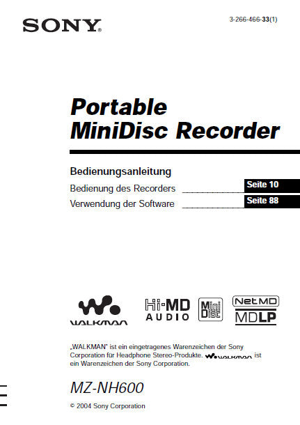 SONY MZ-NH600 PORTABLE MINIDISC RECORDER BEDIENUNGSANLEITUNG 116 SEITE DEUT