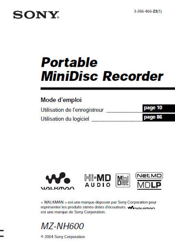 SONY MZ-NH600 PORTABLE MINIDSIC RECORDER MODE D'EMPLOI 112 PAGES FRANC