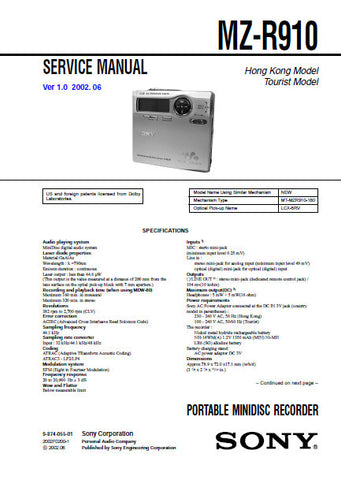 SONY MZ-R910 PORTABLE MINIDISC RECORDER SERVICE MANUAL INC BLK DIAGS PCBS SCHEM DIAGS AND PARTS LIST 76 PAGES ENG