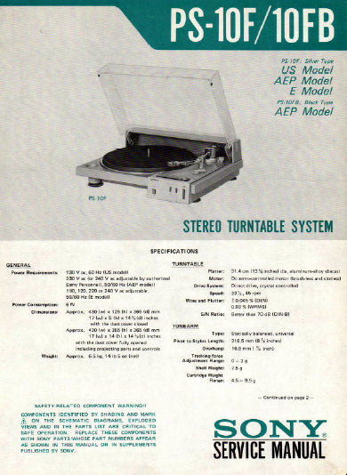 SONY PS-10F PS-10FB STEREO TURNTABLE SERVICE MANUAL INC BLK DIAG SCHEM DIAGS AND PARTS LIST 19 PAGES ENG