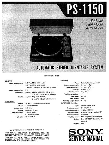 SONY PS-1150 AUTOMATIC STEREO TURNTABLE SYSTEM SERVICE MANUAL INC WIRING DIAGS SCHEM DIAGS AND PARTS LIST 12 PAGES ENG