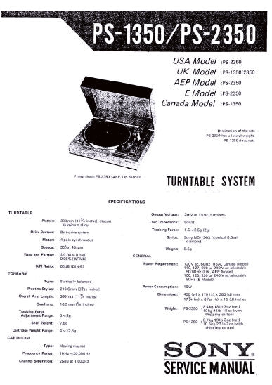 SONY PS-1350 PS-2350 TURNTABLE SYSTEM SERVICE MANUAL INC SCHEM DIAG AND PARTS LIST 9 PAGES ENG