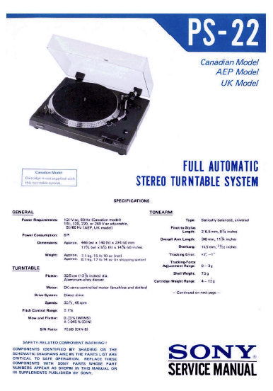 SONY PS-22 FULL AUTOMATIC STEREO TURNTABLE SYSTEM SERVICE MANUAL INC BLK DIAG PCB SCHEM DIAGS AND PARTS LIST 24 PAGES ENG