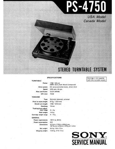 SONY PS-4750 STEREO TURNTABLE SYSTEM SERVICE MANUAL INC PCB SCHEM DIAG AND PARTS LIST 12 PAGES ENG