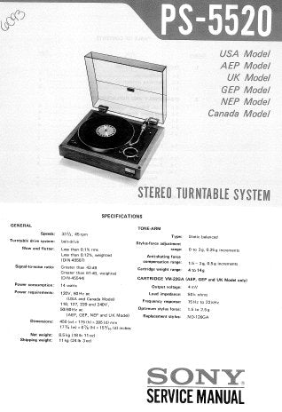SONY PS-5520 STEREO TURNTABLE SYSTEM SERVICE MANUAL INC PCBS SCHEM DIAG AND PARTS LIST 20 PAGES ENG