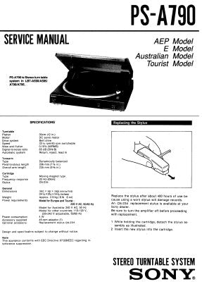 SONY PS-A790 STEREO TURNTABLE SYSTEM SERVICE MANUAL INC PCB SCHEM DIAG AND PARTS LIST 8 PAGES ENG