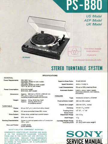 SONY PS-B80 STEREO TURNTABLE SYSTEM SERVICE MANUAL INC BLK DIAG PCBS SCHEM DIAG AND PARTS LIST 52 PAGES ENG