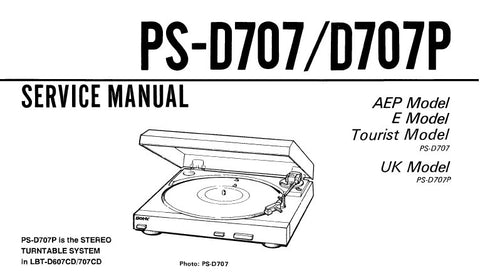 SONY PS-D707 PS-D707P STEREO TURNTABLE SYSTEM SERVICE MANUAL INC PCB SCHEM DIAG AND PARTS LIST 8 PAGES ENG