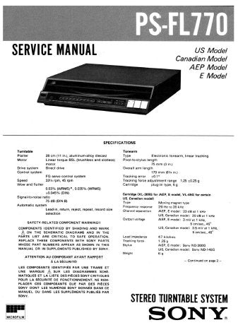 SONY PS-FL770 STEREO TURNTABLE SYSTEM SERVICE MANUAL INC BLK DIAG PCBS SCHEM DIAGS AND PARTS LIST 41 PAGES ENG