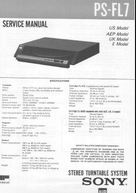 SONY PS-FL7 STEREO TURNTABLE SYSTEM SERVICE MANUAL INC BLK DIAG PCBS SCHEM DIAG AND PARTS LIST 18 PAGES ENG
