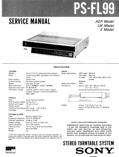 SONY PS-FL99 STEREO TURNTABLE SYSTEM SERVICE MANUAL INC BLK DIAG PCBS SCHEM DIAGS AND PARTS LIST 55 PAGES ENG