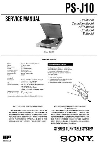 SONY PS-J10 STEREO TURNTABLE SYSTEM SERVICE MANUAL INC PCBS SCHEM DIAG AND PARTS LIST 8 PAGES ENG