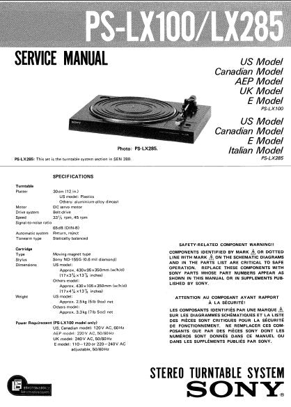 SONY PS-LX100 PS-LX285 STEREO TURNTABLE SYSTEM SERVICE MANUAL INC SCHEM DIAG WIRING DIAG AND PARTS LIST 9 PAGES ENG