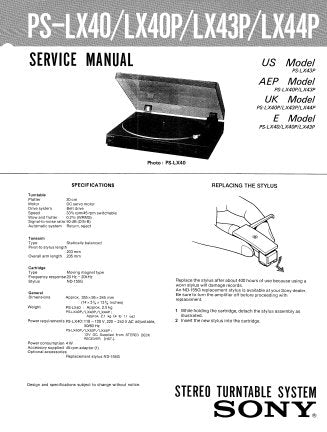SONY PS-LX40 PS-LX40P PS-LX43P PS-LX44P STEREO TURNTABLE SYSTEM SERVICE MANUAL INC SCHEM DIAG AND PARTS LIST 6 PAGES ENG