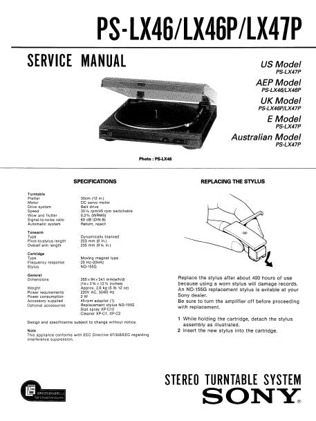 SONY PS-LX46 PS-LX46P PS-LX47P STEREO TURNTABLE SYSTEM SERVICE MANUAL INC SCHEM DIAGS WIRING DIAGS AND PARTS LIST 19 PAGES ENG