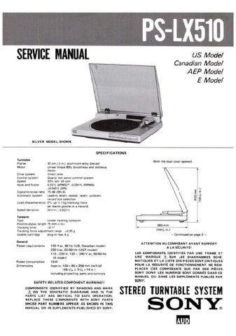 SONY PS-LX510 STEREO TURNTABLE SYSTEM SERVICE MANUAL INC BLK DIAG PCBS SCHEM DIAG AND PARTS LIST 21 PAGES ENG