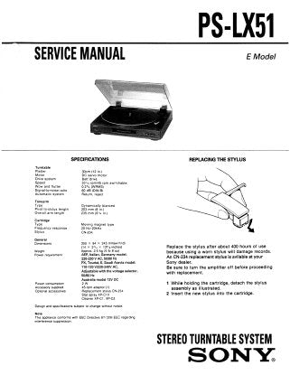 SONY PS-LX51 STEREO TURNTABLE SYSTEM SERVICE MANUAL INC SCHEM DIAG AND PARTS LIST 5 PAGES ENG