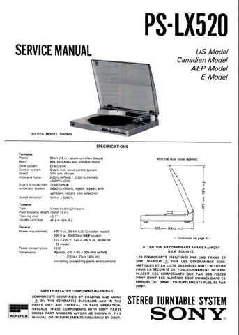SONY PS-LX520 STEREO TURNTABLE SYSTEM SERVICE MANUAL INC BLK DIAG PCBS SCHEM DIAG AND PARTS LIST 25 PAGES ENG