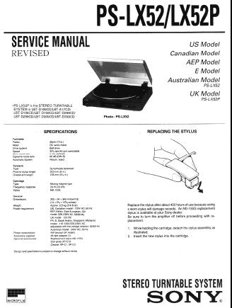 SONY PS-LX52 PS-LX52P STEREO TURNTABLE SYSTEM SERVICE MANUAL INC SCHEM DIAG AND PARTS LIST 10 PAGES ENG