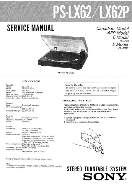 SONY PS-LX62 PS-LX62P STEREO TURNTABLE SYSTEM SERVICE MANUAL INC SCHEM DIAG WIRING DIAG AND PARTS LIST 6 PAGES ENG