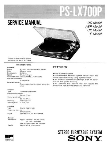 SONY PS-LX700P STEREO TURNTABLE SYSTEM SERVICE MANUAL INC BLK DIAG PCBS SCHEM DIAG AND PARTS LIST 21 PAGES ENG