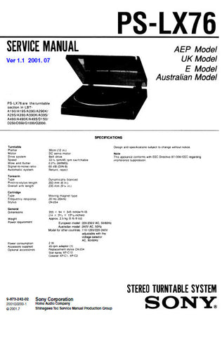 SONY PS-LX76 STEREO TURNTABLE SYSTEM SERVICE MANUAL INC SCHEM DIAG WIRING DIAG AND PARTS LIST 10 PAGES ENG