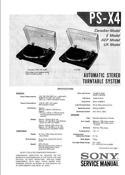 SONY PS-X4 AUTOMATIC STEREO TURNTABLE SYSTEM SERVICE MANUAL INC BLK DIAG PCBS SCHEM DIAG AND PARTS LIST 21 PAGES ENG