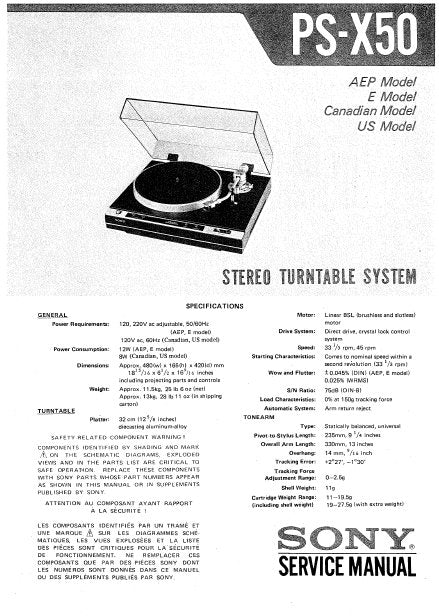SONY PS-X50 STEREO TURNTABLE SYSTEM SERVICE MANUAL INC BLK DIAG PCBS SCHEM DIAG AND PARTS LIST 21 PAGES ENG