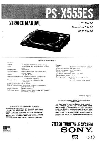 SONY PS-X555ES STEREO TURNTABLE SYSTEM SERVICE MANUAL INC BLK DIAG PCBS SCHEM DIAG AND PARTS LIST 36 PAGES ENG