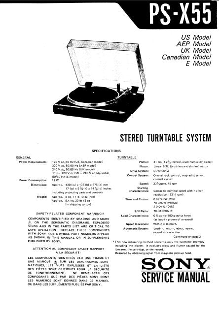 SONY PS-X55 STEREO TURNTABLE SYSTEM SERVICE MANUAL INC BLK DIAG PCBS SCHEM DIAG AND PARTS LIST 41 PAGES ENG