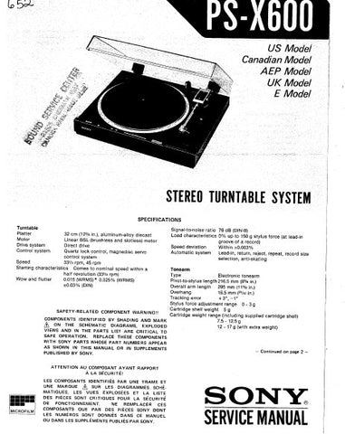 SONY PS-X600 STEREO TURNTABLE SYSTEM SERVICE MANUAL INC BLK DIAG PCBS SCHEM DIAG AND PARTS LIST 26 PAGES ENG